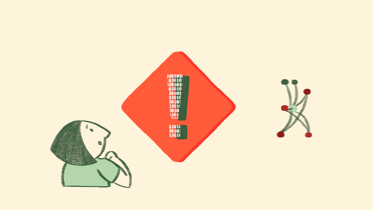 An person is illustrated in a warm, cartoon-like style in green. They are looking up thoughtfully from the bottom left at a l